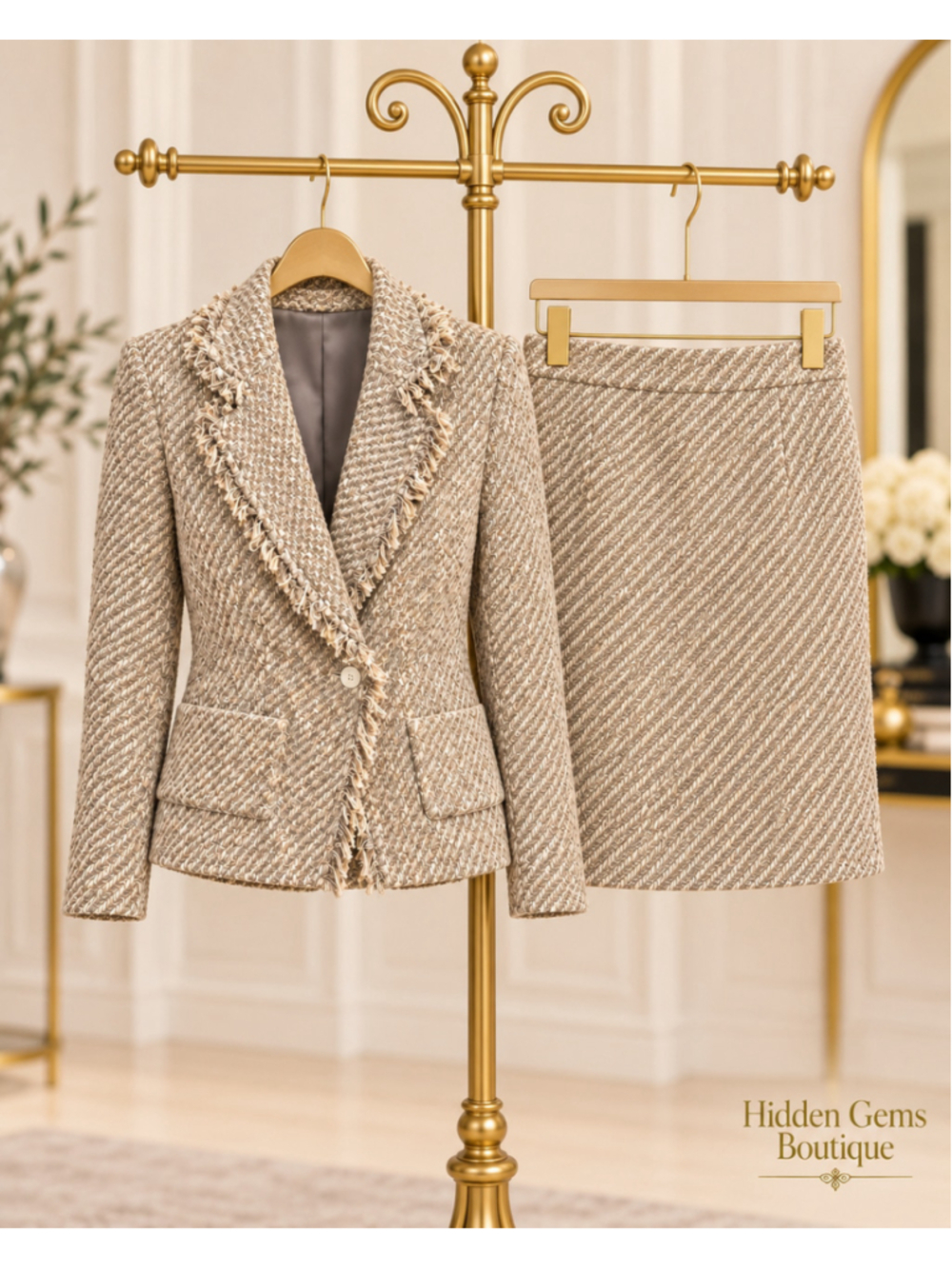 Women's Anne Klein Tweed Skirt Suit Size 6 Beige White Fringe Trim - Picture 3 of 8